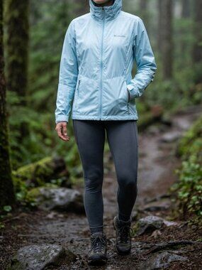 Columbia Light Blue Raincoat with hood - Women's Medium Hiking Outdoors